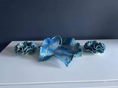 Handmade Studio Pottery Leaf Tray & 2 Ruffled Bowls Blue Turquoise Art Pottery S