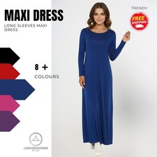 Ladies Long Sleeve Maxi Dress Plain Stretchy Flared Long Jersey Dress Plus Size