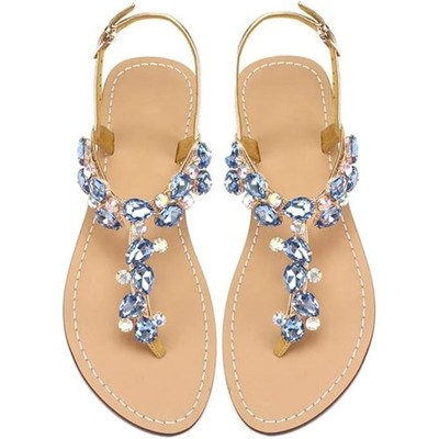 Aijivou Womens Size 9.5 Blue Rhinestone Sandals Flip Flop Open Round Toe Shoes