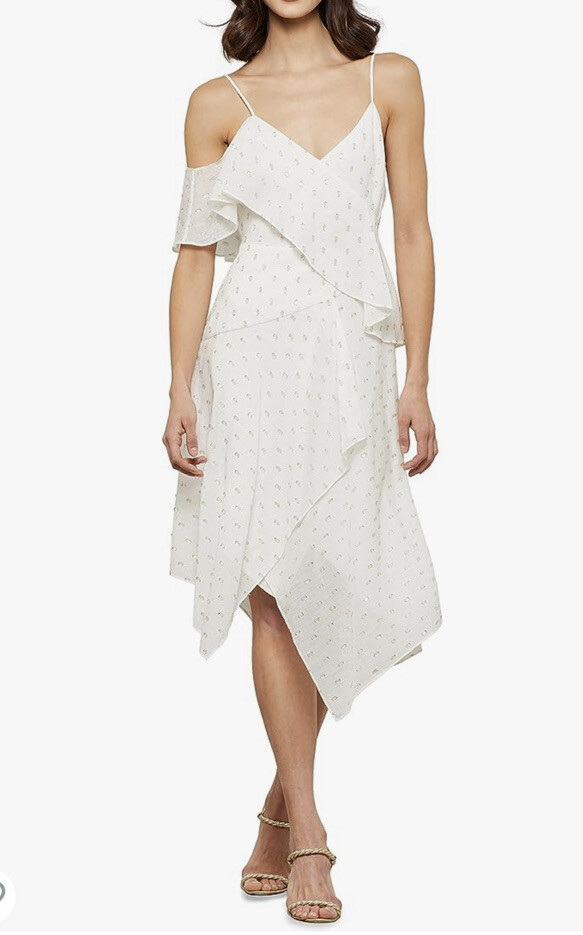BCBGMAXAZRIA Ruffle Asymmetrically Cocktail Dress White W/ Gold Size: 8 NWT  | eBay