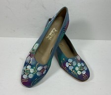 Vintage J Alongi Womens Sz 7 Pumps Blue Floral Shoes Mom Casual