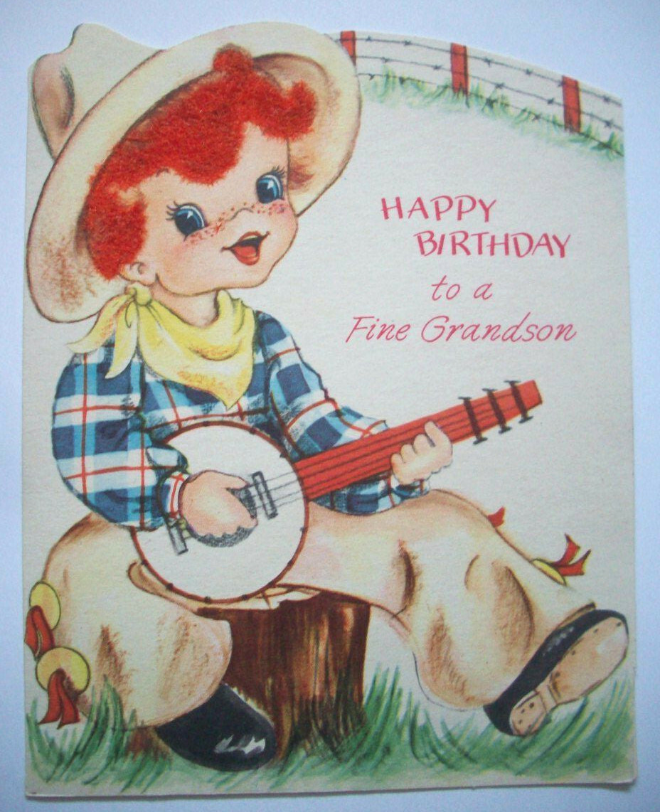40's Flocked redhaired banjo playing cowboy birthday VINTAGE