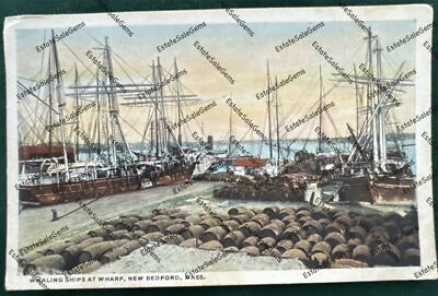 Antique Postcard WHALING SHIPS AT WHARF NEW BEDFORD Massachusetts