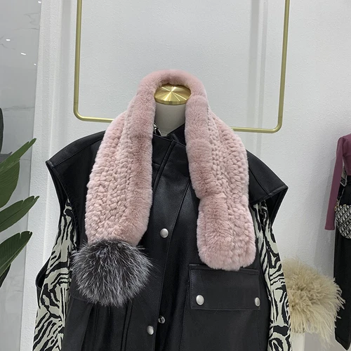 Real Rex Rabbit Fur Scarf Winter Warm Neckerchief Fox Fur Pom pom Fluffy Soft - Picture 11 of 24