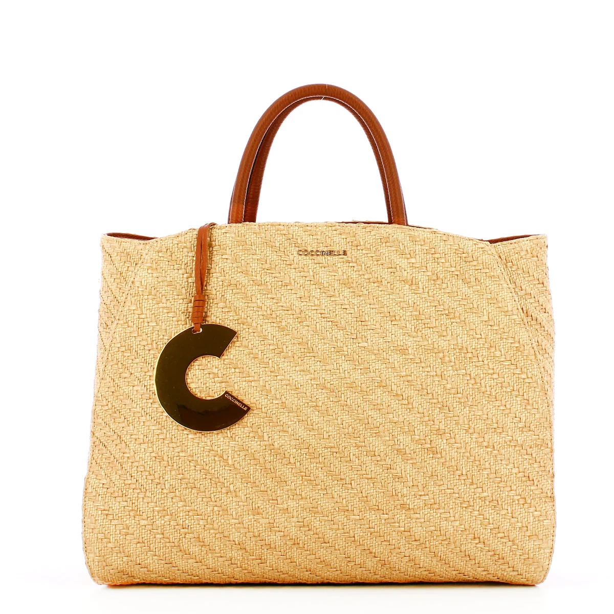 NEW Coccinelle Borsa a mano Concrete in Raffia Natural Caramel