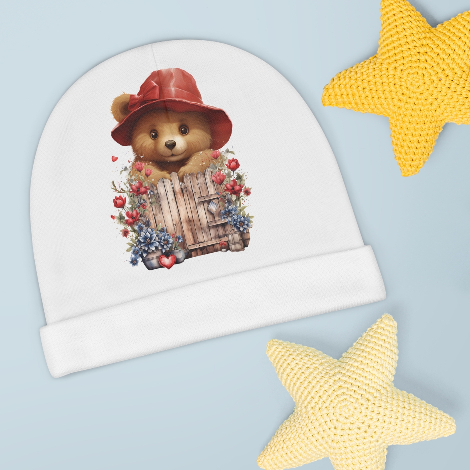 Teddy Bear at Fence Beanie Hat Cozy Winter Knit Cap-image