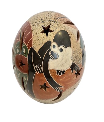 Luminary Art Pottery Candle Cover 6''x5'' Carved Glazed Clay Monkey Lizard Floral