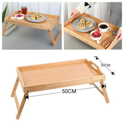 US STOCK Bamboo Bed Tray w/Folding Legs Rest Serving Tray Breakfast Laptop Table