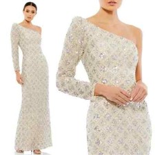 Mac Duggal Gold One Shoulder Long Puff Sleeve Hand Embellished Gown Size 6 $598