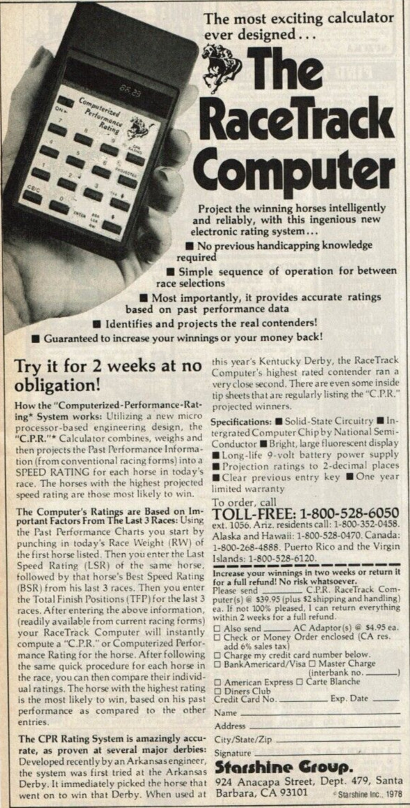 1978 Vintage Print Ad The RaceTrack Computer Exciting Calculator Starshine Group