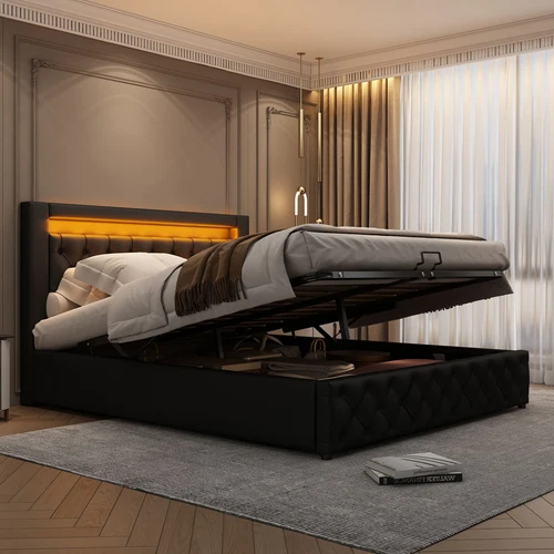 LED Light Functional Upholstered Bed with Slatted Frame and Storage Space - Picture 2 of 26