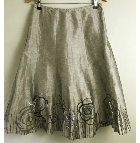 Per Una pewter Linen blend Midi skirt 10 Flared 28" L Sequins Embroidery Summer