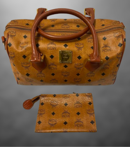 MCM Visetos Pattern Mini Boston Bag Leather PVC Brown Gold Hardware Logo Zip