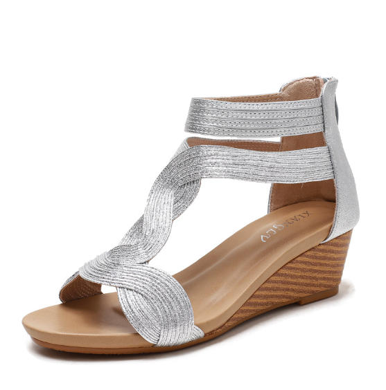 Womens Retro Boho Ethnic Style Rome Wedge Heels Sandals Back Zipper Peep Toe