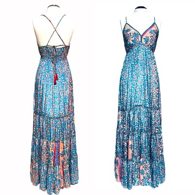 RAGA Maxi Tiered Floral Dress SZ M Somewhere in Paradise Turquoise Boho  Festival | eBay
