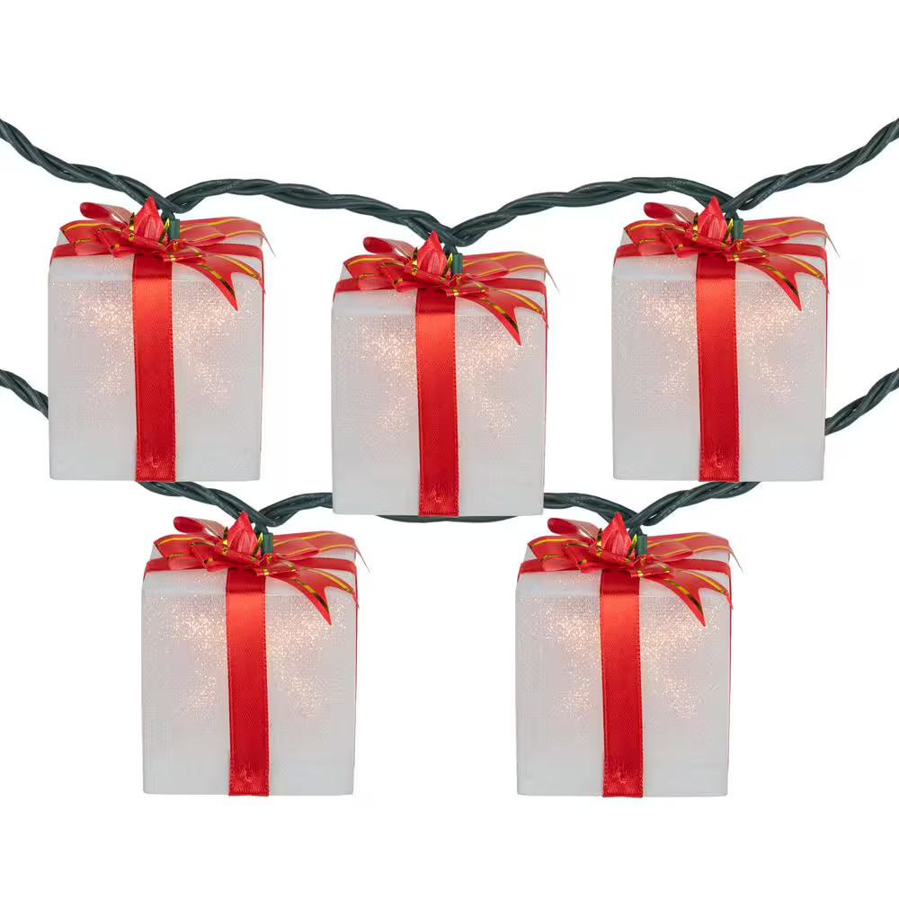 10-Count White and Red Christmas Present Light Set-7.5 Ft. Green Wire
