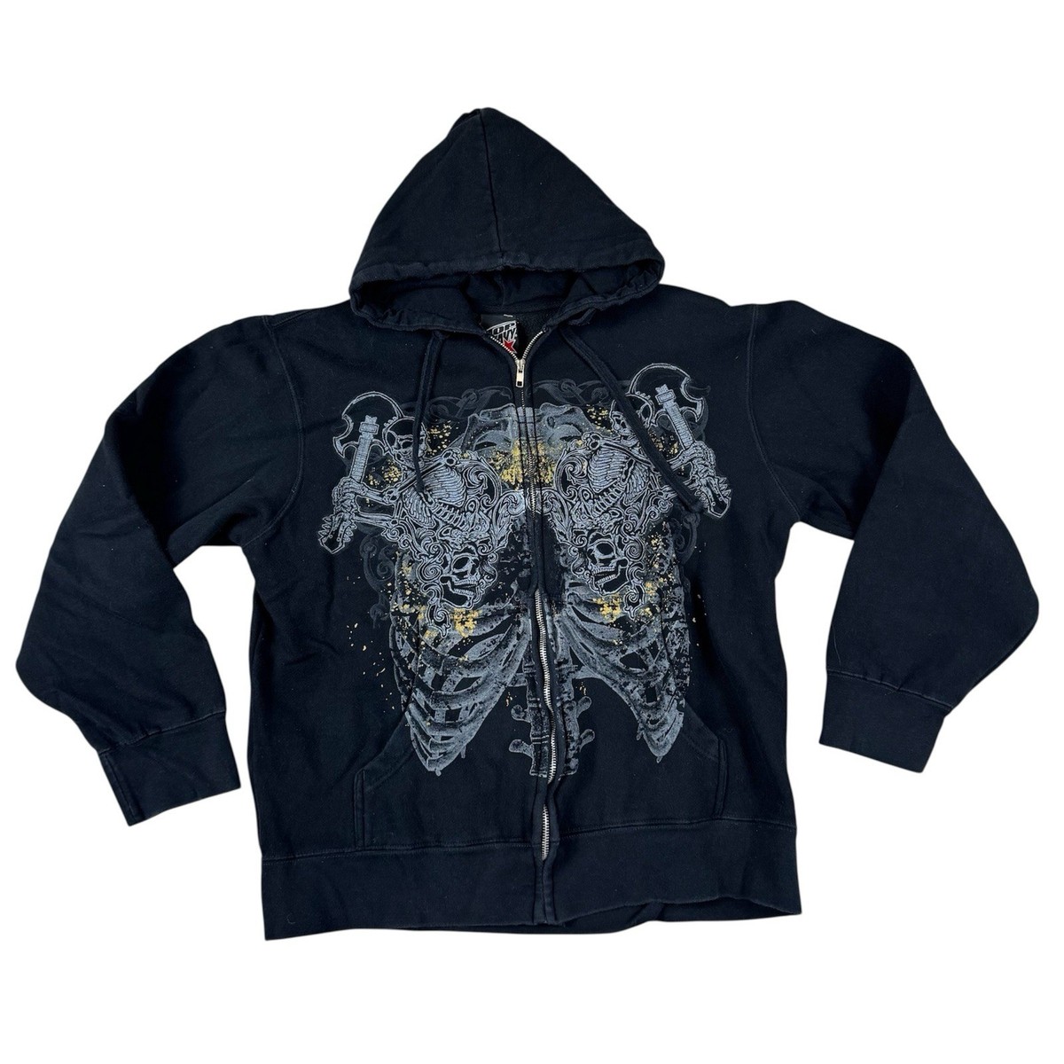 Vintage Y2K Top Heavy Full Zip Hoodie Skulls Bones Black Mens