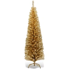 6FT Champagne Gold Tinsel Tree Unlit Slim Pencil Christmas Tree with Metal Stand