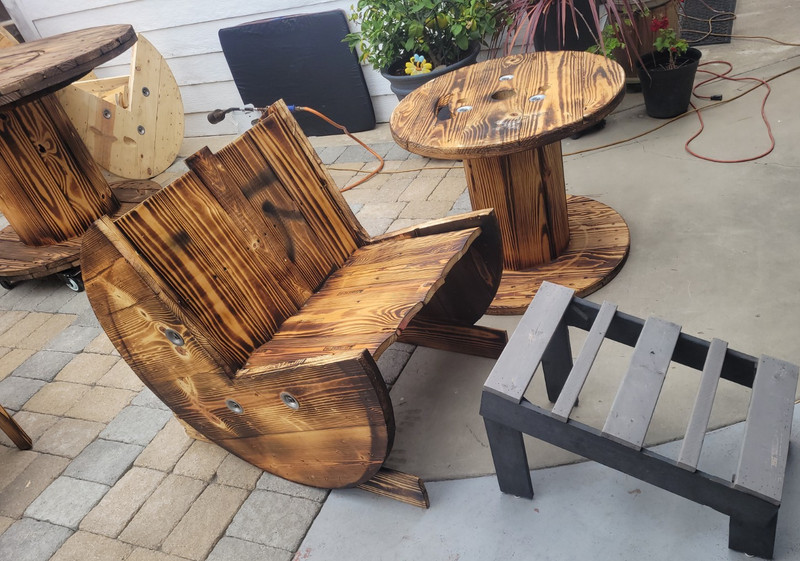 Rustic Round Wood Table Chair Bench Set Burnt Finish Brown bistro set Natural 