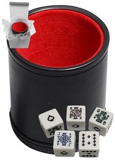 16mm Poker Dice White "Spades" Ace Black PU Leather Red Felt Lined Cup Boxed