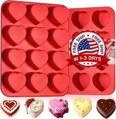 2 moldes corazon silicona 12 cavidades 2.2in rojo marco metalico pastelito horno