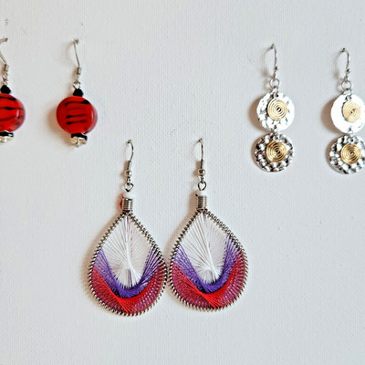 Vintage Boho Earrings Lot of 3 | Thread Wrapped Teardrops, Red Glass & Spiral