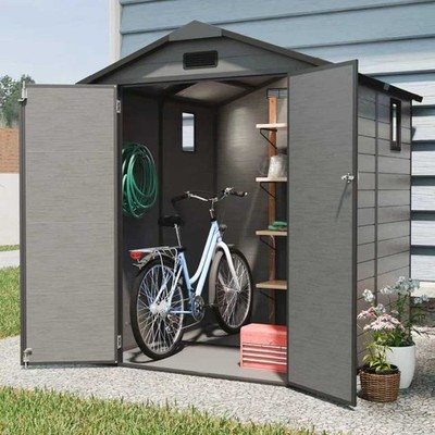 6x6 ft Outdoor Resin Storage Shed Utility Tool Shed with Floor Lockable Doors