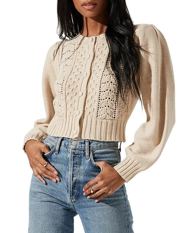 ASTR the Label Marlena Puff Sleeve Cropped Cardigan Sweater in Cream Size LARGE