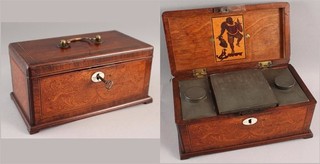 Antique 19thC English Regency Marquetry Inlaid Wood Tea Caddy Clown Jester Inlay