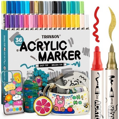 36 Colors Bold and Brush Dual-tip Acrylic Paint Marker Pen Set for Canvas Roc...