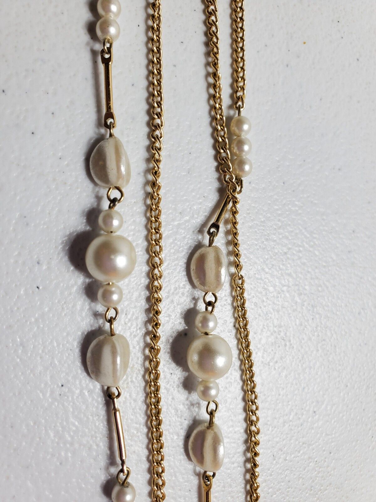 Vintage Gold Tone Necklace, White Long Pearl Chain - image 4