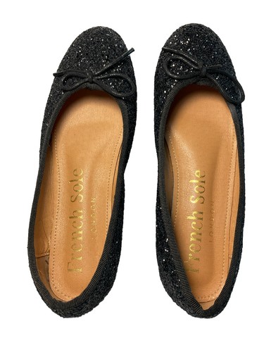 French Sole London Black Glitter Bow Flats Size 38.5 Pre-Owned Never Worn