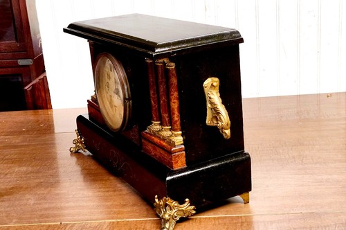 Antique 8 Day Time and Strike Ingraham Columned Black Mantel Clock Working - Picture 4 of 10