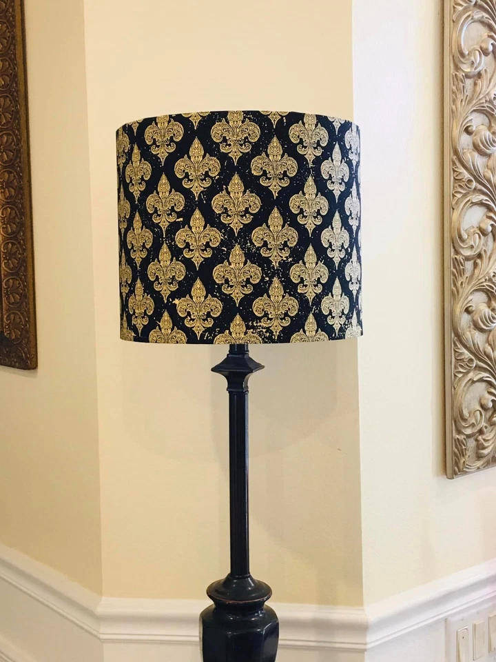 Handmade Lampshade Drum Unique Fabric Fleur de Lis Gold Black Pattern Decor USA - Image 4 of 4