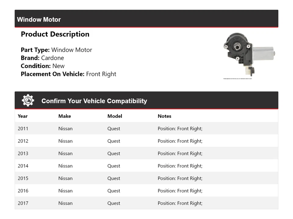 Motor ventana delantero derecho cardone para Nissan Quest 2011-2017 2012 2013 2014 2015 Foto 2 de 4