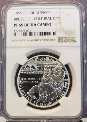 1999 BELGIUM SILVER 500 FRANCS BRUSSELS CULTURAL CITY NGC PF 69 ULTRA CAMEO TOP