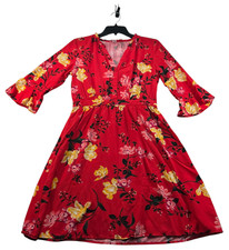 Old Navy Dress Womens Size Medium Red Floral 3/4 Sleeve Vneck