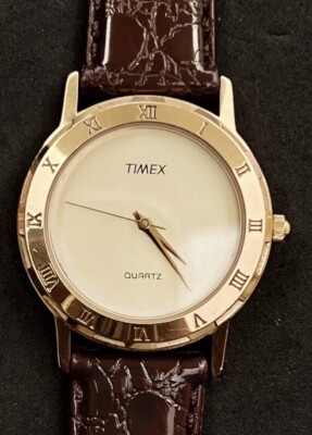 Vintage New 1990 TIMEX LA Cell Mens 34mm Quartz Watch Gold Case Dial Brown Strap