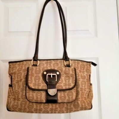 Etienne Aigner Satchel Shoulder Bag Brown Front Envelope Pocket Monogram Fabric