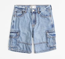 Abercrombie Kids At The Knee Lightweight Baggy Cargo Shorts Boys 7/8 Blue Denim