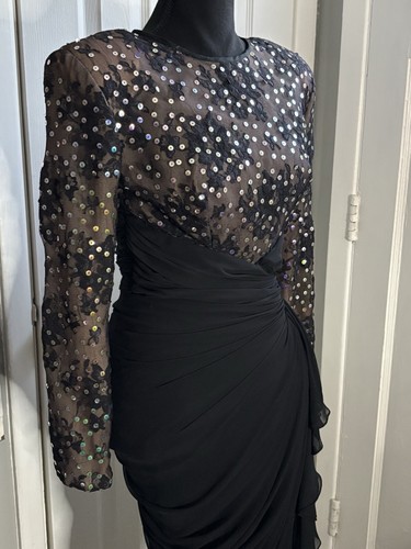 VTG 80s Tadashi Ruched Drape Black Chiffon Dynasty Dress Goddess Glam Disco Sz 4 - Picture 7 of 13