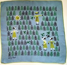 Vintage 1950s Tammis Keefe Blue Linen Lady Scarecrows Hankie Handkerchief RARE