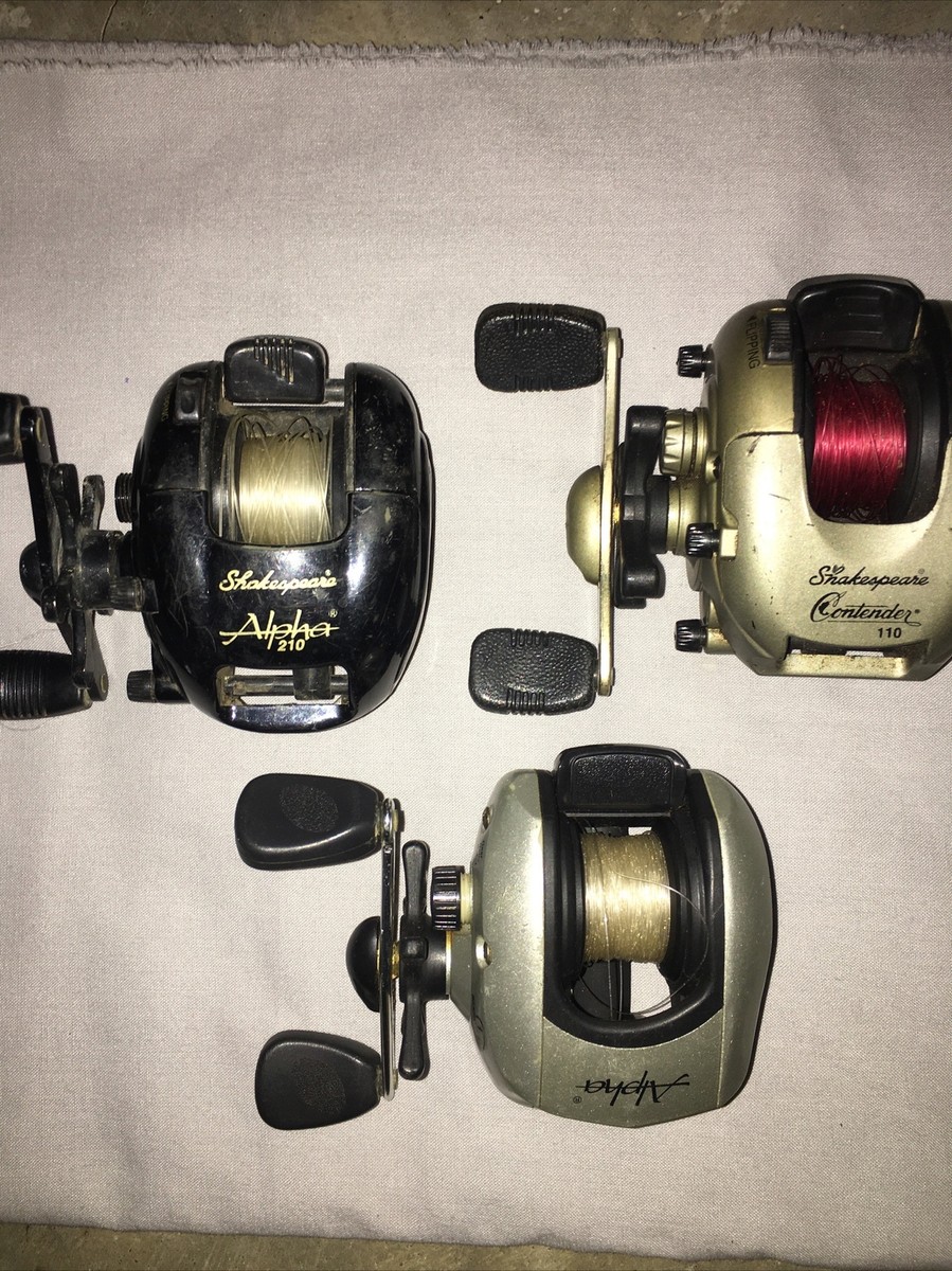 baitcast shakespeare fishing reels 3 Vintage Shakespeare Baitcasting reels, Contender 110 Aplha 210, Alpha  310blp
