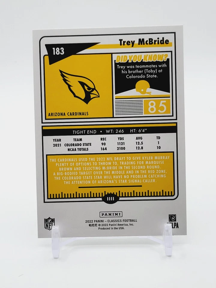 Trey Mcbride ROOKIE CARD 2022 Panini Classics #183 Arizona Cardinals (RC) - Image 2 of 2