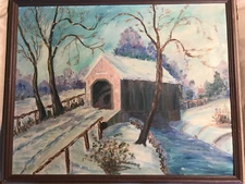 Vintage "Covered Bridge In Winter Scene" Oil Painting - Framed