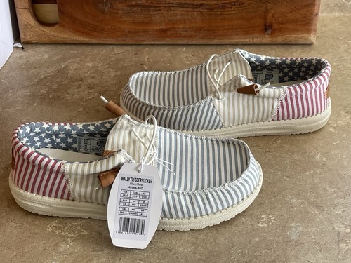 Neu mit Etikett Hey Dude Wally Tri Seersucker rot weiß blau patriotische Schuhe Herren 10 neu
