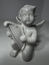 NEW White porcelain Cherub Angel Figurine Garden Memorial Statue with harp 4"