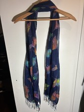 Chiffon Butterfly Print Navy Rectangle Scarf with Fringe, Multicolor