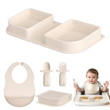 Beige Travel Silicone Foldable Feeding Set Baby Toddler Plates Spoon Fork Bib