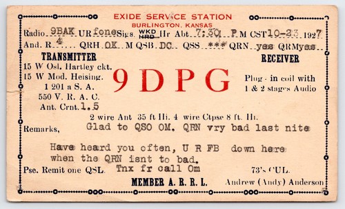 Early 1927 Burlington Kansas Andrew Andy Anderson 9DPG ARRL Ham Radio QSL Card